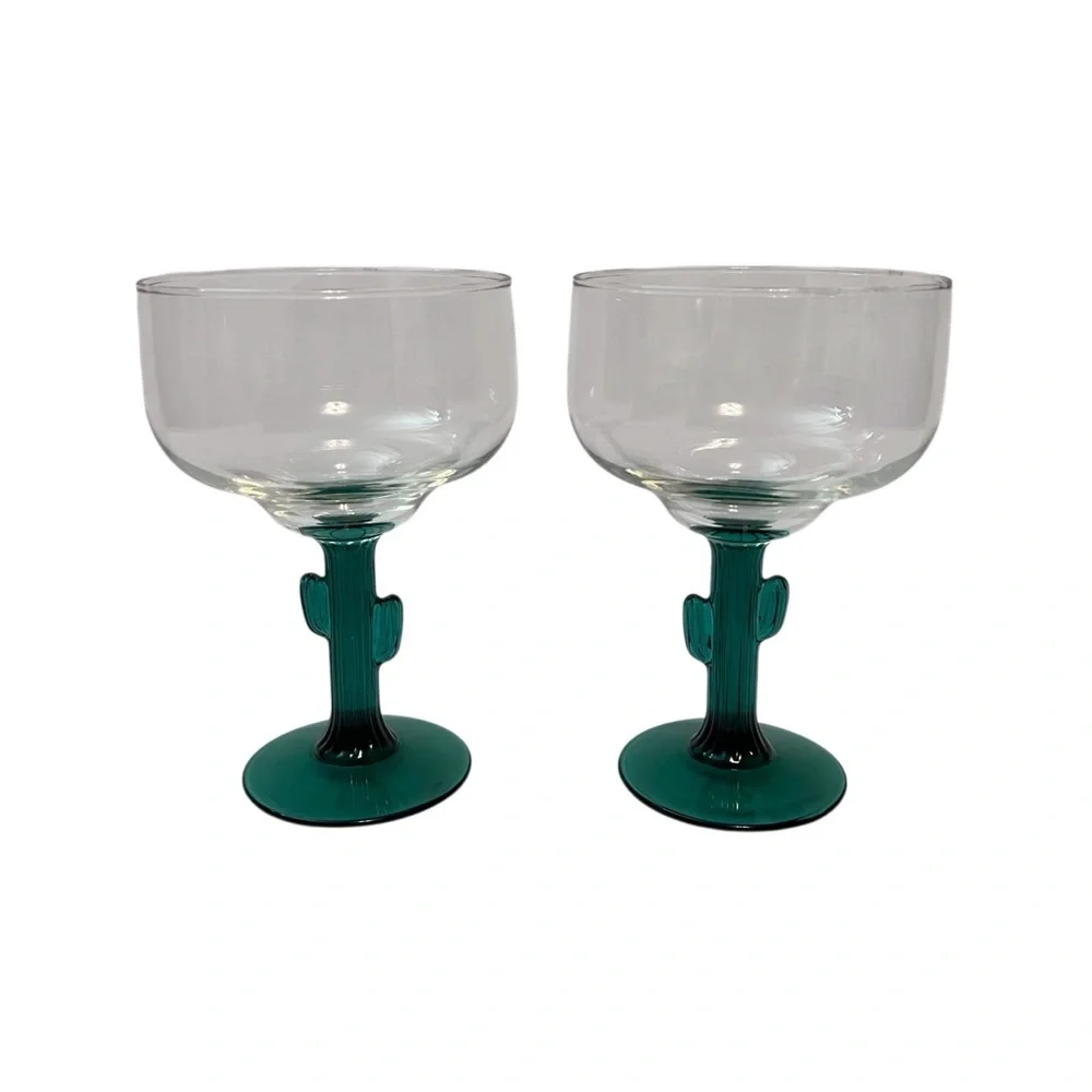 Libbey Cactus Margarita Glasses Set of‎ 2 Green Stem Southwestern Barware